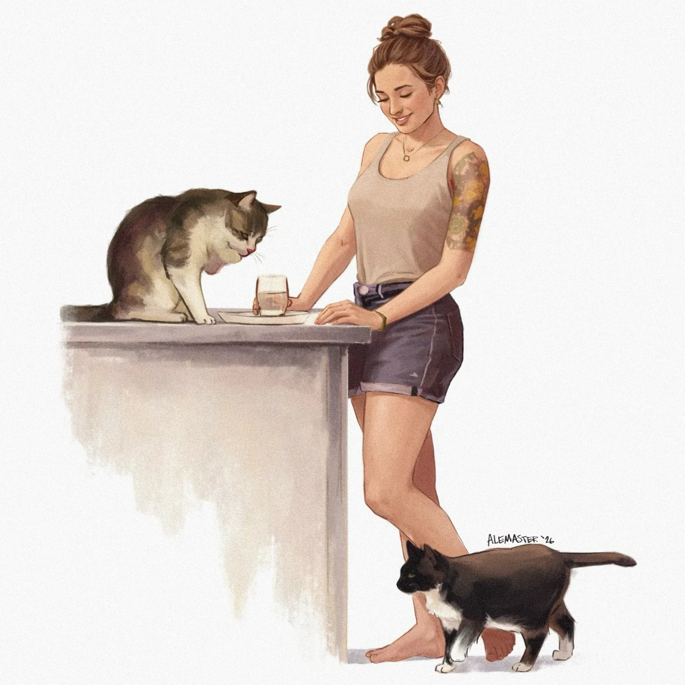 Abby’s own painting of herself in her kitchen, smiling down at Appa, a grey-and-white tabby sitting on the counter, while Roo, her tortoiseshell, walks past her feet